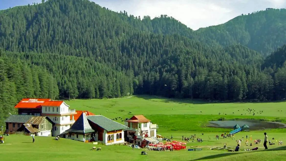 Emerald meadow of Khajjiar ringed by deodar pines